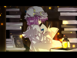 Rule 34 | 1girl, book, dark, fastbond, female focus, hat, indoors, lamp, letterboxed, long hair, looking back, patchouli knowledge, purple hair, ribbon, sitting, solo, touhou