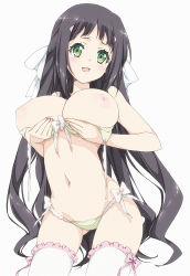 Rule 34 | 10s, 1girl, :d, black hair, blush, bow, bra, bra pull, breast hold, breasts, breasts out, clothes pull, eyelashes, frilled bra, frilled panties, frilled thighhighs, frills, green eyes, hair ribbon, kono naka ni hitori imouto ga iru!, large breasts, lingerie, long hair, looking at viewer, nipples, open mouth, panties, polka dot, polka dot bra, polka dot panties, ribbon, saipaco, simple background, smile, solo, thighhighs, tsuruma konoe, underwear, very long hair, white background, white ribbon, white thighhighs