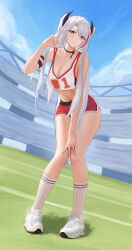Rule 34 | 1girl, absurdres, antenna hair, arm strap, azur lane, black choker, breasts, choker, cleavage, crop top, dolphin shorts, full body, grey hair, hand in own hair, hand on own knee, hand up, highres, knees together feet apart, kong zhizen, leaning forward, long hair, looking at viewer, medium breasts, midriff, multicolored hair, navel, number print, official alternate costume, pigeon-toed, prinz eugen (azur lane), prinz eugen (brilliant touchdown) (azur lane), red hair, red shorts, shoes, short shorts, shorts, sky, smile, socks, solo, stadium, standing, streaked hair, two side up, white sneakers, white socks