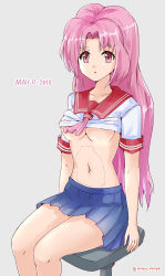 Rule 34 | 1girl, absurdres, android, android announcer maico 2010, blue skirt, breasts, chair, clothes lift, covering breasts, covering privates, highres, joints, maico 2010, medium breasts, midriff, navel, on chair, pink eyes, pink hair, rasen manga, robot joints, sailor collar, shirt lift, sitting, skirt, underboob