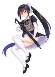 Rule 34 | 1girl, absurdres, allenes, ass, assault rifle, black dress, black footwear, black hair, blush, bow, brown eyes, chinese commentary, commentary request, dress, frilled dress, frills, gun, hair bow, highres, long hair, looking at viewer, magazine (weapon), maid, mary janes, official art, original, puffy short sleeves, puffy sleeves, rifle, shoes, short sleeves, simple background, solo, thighhighs, very long hair, weapon, white background, white thighhighs