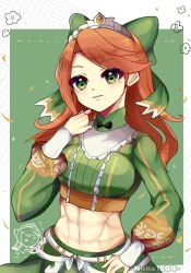 Rule 34 | 1girl, abs, absurdres, bow, commentary, crop top, etie (fire emblem), fire emblem, fire emblem engage, green background, green bow, green eyes, green shirt, green skirt, hair bow, highres, long hair, long sleeves, looking at viewer, midriff, navel, nintendo, none1504, orange hair, shirt, skirt, solo, stomach, tiara, upper body