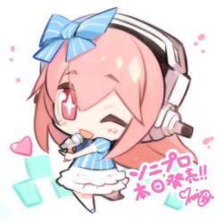 Rule 34 | 1girl, blush, chibi, headphones, long hair, lowres, microphone, minoa (lastswallow), nitroplus, one eye closed, open mouth, pink eyes, pink hair, smile, solo, star-shaped pupils, star (symbol), super sonico, symbol-shaped pupils