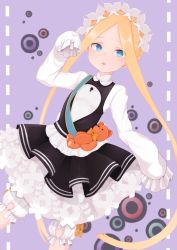 Rule 34 | 1girl, abigail williams (fate), abigail williams (festival outfit) (fate), apron, bad id, bad twitter id, black skirt, blonde hair, blue eyes, bow, butterfly hair ornament, fate/grand order, fate (series), hair ornament, heroic spirit chaldea park outfit, highres, long hair, looking at viewer, maid, maid apron, maid headdress, official alternate costume, open mouth, orange bow, parted bangs, sato (r017xts117), skirt, sleeves past fingers, sleeves past wrists, stuffed animal, stuffed toy, teddy bear, white bow