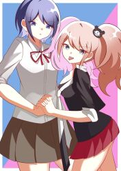 Rule 34 | 2girls, black bra, black shirt, blonde hair, blue background, blue eyes, border, bow, bowtie, bra, breasts, brown skirt, danganronpa: trigger happy havoc, danganronpa (series), enoshima junko, female focus, freckles, highres, holding hands, ikusaba mukuro, incest, large breasts, looking at viewer, multicolored background, multiple girls, neck ribbon, open mouth, pink background, pleated skirt, purple hair, red bow, red ribbon, red skirt, ribbon, shirt, siblings, sisters, skirt, tagme, tongue, tongue out, twincest, twins, twintails, underwear, white border, white shirt, yuri