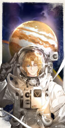Rule 34 | 1boy, ;), aqua eyes, astronaut, black gloves, blonde hair, border, curtained hair, gloves, hand up, helmet, highres, jiuchuansi, jupiter (planet), lars rorschach, looking at viewer, lovebrush chronicles, male focus, official art, one eye closed, outside border, parted bangs, parted lips, salute, short hair, smile, solo, space, space helmet, spacesuit, two-finger salute, upper body, weibo logo, weibo watermark, white border
