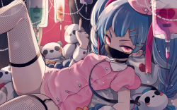 Rule 34 | 1girl, black nails, blue hair, blush, braid, broken heart, collared dress, commentary request, diamond (shape), dress, fingernails, fishnet thighhighs, fishnets, hair ornament, hairclip, heart, highres, intravenous drip, jewelry, knee up, kouhara yuyu, long hair, looking at viewer, lying, mask, middle finger, mouth mask, nail polish, on back, original, pink dress, puffy short sleeves, puffy sleeves, red eyes, ring, short sleeves, solo, spade (shape), stuffed animal, stuffed panda, stuffed toy, thighhighs, twin braids, twintails, v-shaped eyebrows, very long hair, wrist cuffs