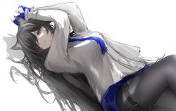 Rule 34 | 1girl, animal ear fluff, animal ears, arknights, arms up, black hair, black pantyhose, blue gloves, blue necktie, blue shorts, bound, bound arms, breasts, cuffs, fingerless gloves, gloves, hair over one eye, handcuffs, highres, large breasts, long hair, long sleeves, mebe (teadia violet), necktie, open mouth, pantyhose, shirt, shorts, simple background, solo, texas (arknights), thigh strap, very long hair, white background, white shirt, wolf ears, yellow eyes