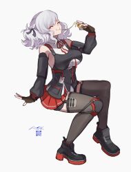 1girl black_boots black_gloves black_ribbon black_thighhighs boots breasts closed_eyes closed_mouth commentary detached_sleeves eating fingerless_gloves food girls&#039;_frontline girls&#039;_frontline_2:_exilium gloves grey_hair hair_ribbon highres holding holding_food holding_pizza id_card invisible_chair knee_pads medium_hair neck_ribbon pizza pizza_slice qr_code red_ribbon red_skirt ribbon sabrina_(girls&#039;_frontline_2) simple_background single_knee_pad sitting skirt smile solo spas-12_(girls&#039;_frontline) thighhighs white_background yotsuyama_(yomo8ama)