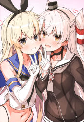 Rule 34 | 2girls, amatsukaze (kancolle), blonde hair, blue sailor collar, brown dress, brown eyes, cheek-to-cheek, crop top, dress, elbow gloves, gloves, grey eyes, hair tubes, heads together, highres, image sample, kantai collection, lifebuoy, long hair, multiple girls, navel, open mouth, parted lips, sailor collar, sailor dress, scan, shimakaze (kancolle), silver hair, simple background, smile, swim ring, takanashi kei (hitsujikan), teeth, two side up, upper teeth only, white background, white gloves