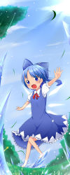 Rule 34 | 1girl, absurdres, bad proportions, barefoot, blue dress, blue eyes, blue hair, blue sky, bow, cirno, day, dress, fang, grass, hair bow, highres, ice, ice wings, makuran, matching hair/eyes, open mouth, outstretched arms, puffy sleeves, shirt, short sleeves, sky, smile, solo, touhou, wings