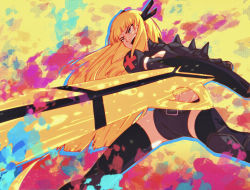 Rule 34 | 1girl, absurdres, animification, belt, black belt, black footwear, black gloves, black shorts, blonde hair, blue eyes, boots, elbow gloves, gloves, hair behind ear, highres, holding, holding sword, holding weapon, illyana rasputina, magik (x-men), marvel, open mouth, short shorts, shorts, smile, spikes, sword, thejg, thigh boots, thighhighs, v-shaped eyebrows, weapon, x-men, yellow background