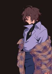 Rule 34 | 1boy, ahoge, bishounen, black background, blue shirt, brown hair, brown jacket, collared shirt, commentary, cowboy shot, denim, dog tags, english commentary, from side, granblue fantasy, hair between eyes, high-waist pants, highres, jacket, jacket on shoulders, jeans, male focus, messy hair, nodplus50pts, official alternate costume, pants, plaid, plaid jacket, red eyes, sandalphon (granblue fantasy), shirt, solo focus, striped clothes, striped jacket, turtleneck