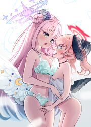 Rule 34 | 2girls, absurdres, angel wings, black eyes, black wings, blue archive, bra, breasts, collarbone, cowboy shot, crescent, dot nose, embarrassed, feathered wings, feathers, flower, green bra, green panties, groin, hair bun, hair flower, hair ornament, halo, head wings, highres, koharu (blue archive), large breasts, light blush, long hair, looking at another, low wings, mika (blue archive), mini wings, motion blur, motion lines, multiple girls, multiple wings, navel, nipples, nude, open mouth, panties, pink hair, profile, purple flower, purple halo, red halo, short twintails, sidelocks, simple background, single hair bun, small breasts, standing, star (symbol), tananne, thighs, towel, towel around waist, twintails, underwear, very long hair, wavy mouth, white background, winged halo, wings, yellow eyes, yuri
