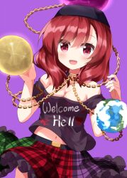 Rule 34 | 1girl, bare shoulders, belt, black belt, black choker, black headwear, black shirt, blush, breasts, chain, choker, clothes writing, collarbone, earth (ornament), frills, gold chain, green skirt, hair between eyes, hands up, heart, heart print, hecatia lapislazuli, highres, looking at viewer, medium breasts, medium hair, moon (ornament), multicolored clothes, multicolored skirt, navel, off-shoulder shirt, off shoulder, one-hour drawing challenge, open mouth, plaid, plaid skirt, purple background, purple skirt, red eyes, red hair, red skirt, ruu (tksymkw), shirt, short sleeves, simple background, skirt, smile, solo, standing, t-shirt, tongue, touhou, underworld (ornament)