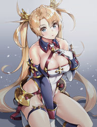 Rule 34 | 1girl, armor, bare shoulders, blonde hair, blue eyes, blush, bradamante (fate), bradamante (first ascension) (fate), braid, breasts, cleavage, crown braid, elbow gloves, fate/grand order, fate (series), faulds, gloves, highleg, highleg leotard, highres, large breasts, leotard, long hair, looking at viewer, solo, suishougensou, thigh strap, thighs, twintails, two-tone gloves, two-tone leotard, very long hair