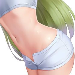Rule 34 | 1girl, bike shorts, c.c., close-up, code geass, cowboy shot, crop top, green hair, head out of frame, huyumitsu, long hair, midriff, navel, shiny skin, shorts, simple background, skindentation, solo, stomach, thighs, unbuttoned, white background, white bike shorts, white shorts