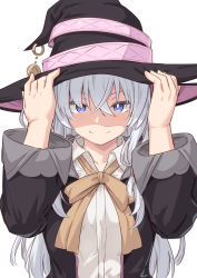 Rule 34 | 1girl, black hat, blue eyes, blush, closed mouth, collarbone, elaina (majo no tabitabi), hair between eyes, hands on headwear, hands up, hat, jacket, long hair, long sleeves, looking at viewer, majo no tabitabi, open clothes, ribbon, shirt, shiseki hirame, silver hair, simple background, smile, solo, upper body, white background, white shirt, wide sleeves, witch, witch hat