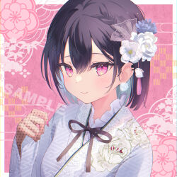 Rule 34 | 1girl, black hair, blue flower, blue hair, blush, closed mouth, commentary request, fishnet gloves, fishnets, floral print, flower, gloves, grey kimono, hair between eyes, hair flower, hair ornament, hand up, japanese clothes, kimono, multicolored hair, nail polish, omelet tomato, original, pink background, pink eyes, pink nails, print kimono, romaji commentary, sample watermark, smile, solo, two-tone hair, upper body, watermark, white flower