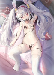 Rule 34 | 1girl, animal ears, arm up, azur lane, bed sheet, blush, box, candy, chocolate, chocolate heart, commentary request, fake animal ears, feet out of frame, food, food in mouth, gift, gift box, grey hair, hair between eyes, hairband, heart, heart-shaped box, highres, knee up, laffey (azur lane), long hair, lying, mouth hold, naked chocolate, natuna natu, nintendo switch, nose blush, nude, on back, pillow, rabbit ears, red eyes, red hairband, solo, thighhighs, thighs, twintails, twitter username, very long hair, white thighhighs