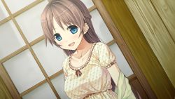 Rule 34 | 1girl, blue eyes, blush, braid, breasts, brown hair, collarbone, cura, dutch angle, flat (company), game cg, happy, highres, indoors, large breasts, long hair, looking at viewer, monobeno, open mouth, sawai natsuha, short sleeves, smile, solo, upper body