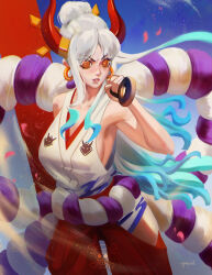 1girl artist_name blue_hair breasts charmiisan commentary cowboy_shot earrings english_commentary hair_ornament hakama highres holding holding_weapon horns japanese_clothes jewelry kimono one_piece orange_eyes ponytail red_hakama red_horns rope shimenawa sideboob sleeveless sleeveless_kimono solo weapon white_hair white_kimono yamato_(one_piece)