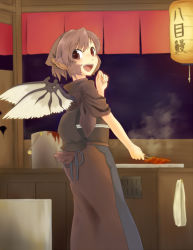 Rule 34 | 1girl, animal ears, face, female focus, food stand, grill, japanese clothes, mystia lorelei, noren, okamisty, pink hair, rin mokkomoko, short hair, smile, solo, tail, touhou, wings