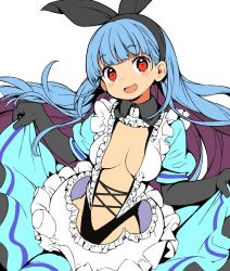 Rule 34 | 1girl, alternate costume, blue hair, blunt bangs, bow, commentary request, frills, gloves, hair bow, headband, kula diamond, long hair, midriff, onono imoko, red eyes, solo, the king of fighters, unfinished