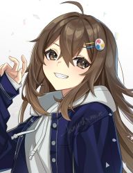 Rule 34 | 1girl, ahoge, blue jacket, borrowed character, brown eyes, brown hair, commentary request, commission, drawstring, fingernails, grey hoodie, grin, hair between eyes, hair ornament, hairclip, hand up, highres, hood, hood down, hoodie, jacket, long hair, long sleeves, looking at viewer, mitsudomoe (shape), open clothes, open jacket, original, ponkichi (hazama senkonmeiraku), sidelocks, signature, skeb commission, sleeves past wrists, smile, solo, tomoe (symbol), unbuttoned, upper body, white background