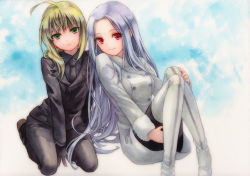 Rule 34 | 2girls, ahoge, artoria pendragon (all), artoria pendragon (fate), bad id, bad pixiv id, black gloves, blonde hair, boots, coat, dress, fate/stay night, fate/zero, fate (series), formal, geroro, gloves, green eyes, irisviel von einzbern, long hair, multiple girls, necktie, pant suit, pants, pantyhose, ponytail, red eyes, saber (fate), suit, thigh boots, thighhighs, white hair