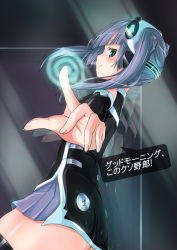 Rule 34 | 1girl, apple inc., ass, cellphone, female focus, green eyes, iphone, looking at viewer, mascot, personification, phone, pointing, pointing at viewer, purple hair, reflection, satou kuuki, siri, skirt, smartphone, solo, standing, text focus, thighhighs, translated, twintails, zettai ryouiki