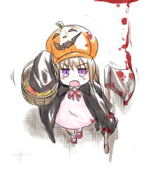 Rule 34 | 1girl, :o, arm up, axe, basket, black jacket, blood, blood on axe, blush stickers, brown hair, collared dress, dress, fang, from above, highres, holding, holding axe, holding basket, jack-o&#039;-lantern, jacket, kindergarten uniform, long hair, long sleeves, looking at viewer, neon-tetora, open mouth, orange headwear, pink dress, pumpkin hat, purple eyes, red footwear, red ribbon, ribbon, shoes, sleeves past fingers, sleeves past wrists, socks, solo, tsukuyomi ai, v-shaped eyebrows, voiceroid, white background, white socks
