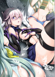 Rule 34 | 3girls, aqua panties, armor, ass, black gloves, black legwear, blue eyes, blue hair, breasts, breasts out, cleavage, covering privates, covering breasts, cum, cum on ass, cum on body, elbow gloves, fate/grand order, fate (series), gloves, highres, kiyohime (fate), kuno touya, looking at viewer, mash kyrielight, multiple girls, navel, out of frame, panties, purple hair, thigh strap, thighhighs, thighs, underboob, underwear, ushiwakamaru (fate)