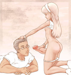 Rule 34 | 1boy, 1girl, age difference, artist request, ass, blonde hair, breasts, brown eyes, brown hair, erection, futa with male, futanari, glasses, hand on another&#039;s head, huge penis, long hair, nipples, panties, penis, small breasts, socks, uncensored, underwear