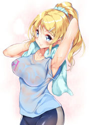 Rule 34 | 10s, 1girl, arm up, armpits, ayase eli, bike shorts, blonde hair, blue eyes, breasts, drying, female focus, gym uniform, hair ornament, hair scrunchie, hairclip, large breasts, long hair, love live!, love live! school idol festival, love live! school idol project, no bra, ponytail, scrunchie, see-through, shirt, smile, solo, sweat, towel, towel around neck, toweling off, wet, wet clothes, wet shirt, yappen, yatsu (sasuraino)