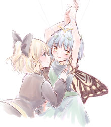 Rule 34 | 2girls, absurdres, antennae, aqua hair, black bow, blonde hair, blush, bow, brown dress, butterfly wings, closed mouth, dress, eternity larva, fairy, green dress, hair bow, highres, insect wings, kurodani yamame, kuromame (8gou), leaf, leaf on head, long sleeves, multicolored clothes, multicolored dress, multiple girls, open mouth, short hair, simple background, single strap, smile, touhou, white background, wings, yellow eyes