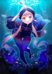 Rule 34 | 1other, absurdres, anchor, blue hair, blue legwear, captain nemo (fate), fate/grand order, fate (series), fish, footwear ribbon, highres, huge filesize, lemonpear, light brown hair, long hair, long sleeves, military, military uniform, naval uniform, nemo (fate), ocean, outdoors, shorts, solo, swimming, trap, turban, twintails, underwater, uniform, water