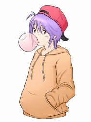 Rule 34 | 1girl, backwards hat, baseball cap, blush stickers, blowing bubbles, capcom, casual, chewing gum, contemporary, eau, hands in pocket, hands in pockets, hat, hood, hoodie, lilith aensland, purple hair, red eyes, short hair, solo, vampire (game)