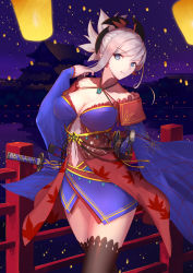 Rule 34 | 1girl, asymmetrical hair, blue eyes, closed mouth, cowboy shot, detached sleeves, earrings, fate/grand order, fate (series), frills, halterneck, hand up, highres, japanese clothes, jewelry, kimono, kimono skirt, liu lan, looking at viewer, miyamoto musashi (fate), miyamoto musashi (third ascension) (fate), outdoors, ponytail, purple kimono, sheath, sheathed, sidelocks, silver hair, smile, solo, swept bangs, thighhighs