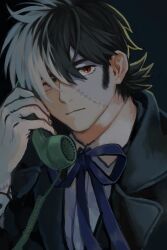 Rule 34 | 1boy, black background, black hair, black jack (character), black jack (series), blue ribbon, closed mouth, collared shirt, corded phone, expressionless, hair over one eye, highres, holding, holding phone, looking at viewer, male focus, mame moyashi, multicolored hair, neck ribbon, orange eyes, patchwork skin, phone, ribbon, scar, scar on arm, shirt, short hair, sideburns, simple background, solo, split-color hair, two-tone hair, white hair, white shirt