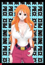 Rule 34 | 1girl, bare arms, bare shoulders, belt, bracelet, breasts, brown eyes, chris re5, earrings, jewelry, large breasts, long hair, nami (one piece), one piece, orange hair, solo, source request, tattoo, trousers
