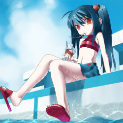Rule 34 | 1girl, ahoge, bare shoulders, black hair, caustics, cloud, colored eyelashes, day, drink, drinking straw, feet, flip-flops, glass, hair ornament, halterneck, halterneck, head tilt, kooh, legs, looking at viewer, midriff, mouth hold, navel, no nose, okina ika, outdoors, pangya, pleated skirt, pool, poolside, red eyes, sandals, shoe dangle, skirt, sleeveless, sleeveless turtleneck, solo, turtleneck, twintails