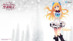 Rule 34 | 1girl, aizawa hikaru, bare shoulders, blonde hair, blue eyes, bow, dress, gift, hair bow, hair ribbon, highres, holding, holding gift, long hair, microsoft, open mouth, os-tan, outstretched arms, ribbon, scarf, short dress, silverlight, snowflakes, solo