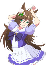 Rule 34 | 1girl, ahoge, animal ears, arm behind head, arms up, blue bow, blue shirt, bow, brown hair, commentary request, green eyes, hair between eyes, hair ornament, hairclip, hat, highres, horse ears, horse girl, horse tail, long hair, looking at viewer, mini hat, mini top hat, momoda yasuhito, mr. c.b. (umamusume), pleated skirt, puffy short sleeves, puffy sleeves, shirt, short sleeves, simple background, skirt, smile, solo, tail, tilted headwear, top hat, umamusume, very long hair, white background, white hat, white skirt