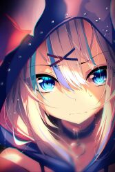 Rule 34 | 1girl, black background, blue eyes, blue hair, face focus, gawr gura, hair ornament, highres, hololive, hololive english, hood, jewelry, multicolored hair, necklace, sad, the0neulost, two-tone hair, virtual youtuber, water, wet, wet hair, white hair, x hair ornament