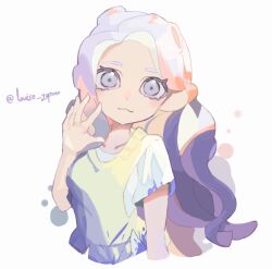 Rule 34 | 1girl, arm up, closed mouth, commentary request, commission, cropped torso, eyelashes, grey eyes, long hair, looking at viewer, nintendo, octoling, octoling girl, octoling player character, polero light, purple hair, simple background, smile, solo, splatoon (series), tentacle hair, upper body, white background