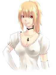 Rule 34 | 1girl, blonde hair, breasts, character request, choker, cleavage, covered navel, cross, cross necklace, elbow gloves, covered erect nipples, gloves, hand on own hip, highres, inverted cross, jewelry, long hair, mimo (mimoii), necklace, no bra, original, ponytail, puffy short sleeves, puffy sleeves, red eyes, short sleeves, solo, white gloves