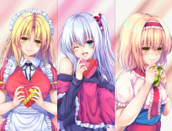 Rule 34 | 3girls, :d, alice margatroid, apron, bare shoulders, black shirt, blonde hair, blue dress, blue eyes, blush, box, breasts, commentary request, dress, gift, gift box, hair bobbles, hair ornament, head tilt, holding, holding gift, large breasts, long hair, looking at viewer, maid, maid apron, multiple girls, one side up, open mouth, red dress, shinki (touhou), shirt, short hair, silver hair, smile, touhou, touhou (pc-98), valetine, waist apron, white shirt, yanagi no ki, yellow eyes, yumeko (touhou)