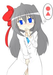 Rule 34 | 1girl, blue eyes, blue shirt, blush, bow, closed mouth, coat, collarbone, daifuku (daifuku kosiann), embarrassed, female focus, flat chest, grey hair, hair between eyes, hair bow, hand up, have to pee, head tilt, highres, long hair, long sleeves, looking at viewer, nose blush, original, red bow, shirt, simple background, solo, standing, tears, thought bubble, wavy mouth, white background, white coat