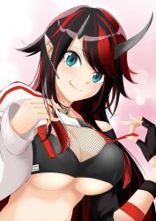 Rule 34 | 1girl, absurdres, bikini, black bikini, black gloves, black hair, blue eyes, blush, breasts, cleavage, closed mouth, commentary, demon girl, demon horns, ear spike, fingerless gloves, fishnet top, fishnets, gloves, highres, horns, jacket, jewelry, large breasts, long hair, looking at viewer, multicolored hair, nanashi inc., necklace, official alternate costume, pointy ears, red hair, right32160, ryugasaki rene, ryugasaki rene (2nd costume), shrug (clothing), single glove, smile, solo, striped clothes, striped jacket, swimsuit, two-tone hair, underboob, upper body, virtual youtuber, white jacket